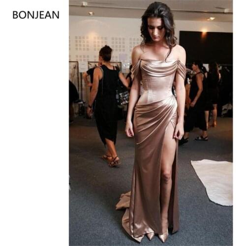 Sexy 2019 Mermaid Evening Dresses Long Rose Gold Elastic Silk Like Satin Off Shoulder Neck Sheath Side Split Formal Evening Gown