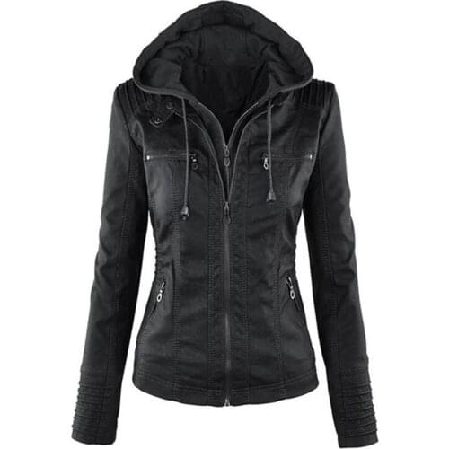 WSYORE Plus Size Leather Jacket Women Autumn and Winter Hooded Long-sleeve Slim Jackets Faux Leather Jacket Womans Coat NS692
