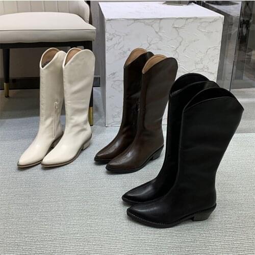 Koovan Women Boots Female Autumn 2021 Boots High Heels Sleeve Tube Thick Heel Retro Western Cowboy Boots Knight Shoes For Girls