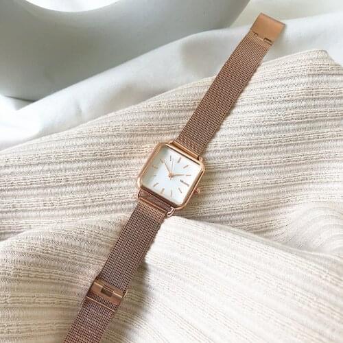 Women Fashion Square Watches Minimalist Design Ladies Quartz Wrsitwatches Ulzzang Gold Silver Stainless Steel Mesh Strap Clock