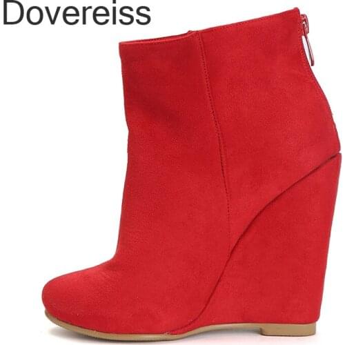 Dovereiss Fashion Female Boots Winter Sexy Elegant Waterproof New Wedges Zipper Red Knee High Boots Ankle Boots 46 47