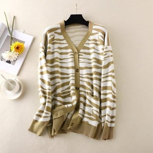 Striped pocket knitted cardigan women sweater coat autumn 2021 V-neck long-sleeved loose large size long coat female cardigan