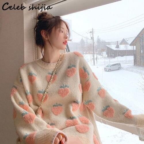 SHIJIA Embroidery Strawberry Sweater Woman Autumn Korean O Neck Knitted Tops Sweet Long Sleeve Loose Sweater Jumper Female