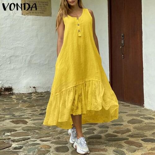 Women Bohemian Dress Beach Summer Lace Patchwork Tank Dress 2021 VONDA Button Up Holiday Vestidos Plus Size Robe Femme