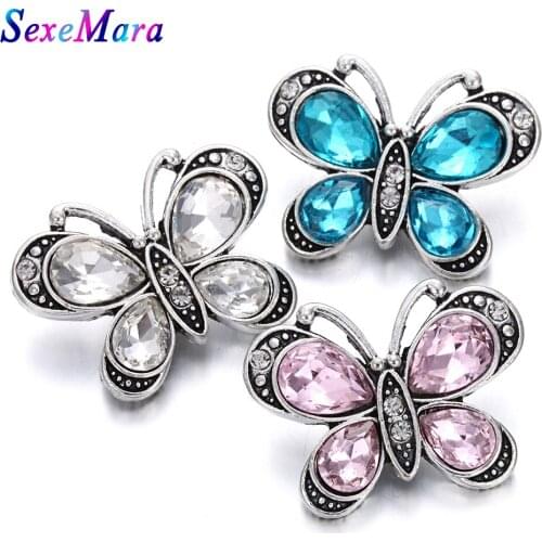 6pcs/lot New Snap Button Jewelry Crystal Rhinestone Butterfly 18mm Snap Button Lots Fit Snap Bracelet Necklace Charms Jewelry