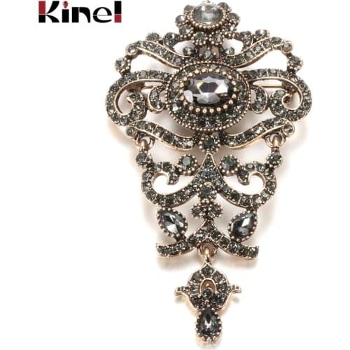Kinel Charm Grey Crystal Flower Brooch For Women Antique Gold Ethnic Banquet Accessories Hijab Caftan Indian Vintage Jewelry