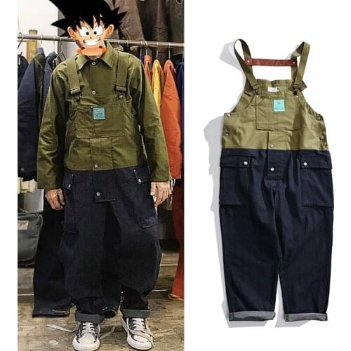 Men Loose Casual Color Matching Overalls Male Japan High Street Hip Hop Trendy Braces Daddy Bib Jeans Pants Workwear Jumpsuit