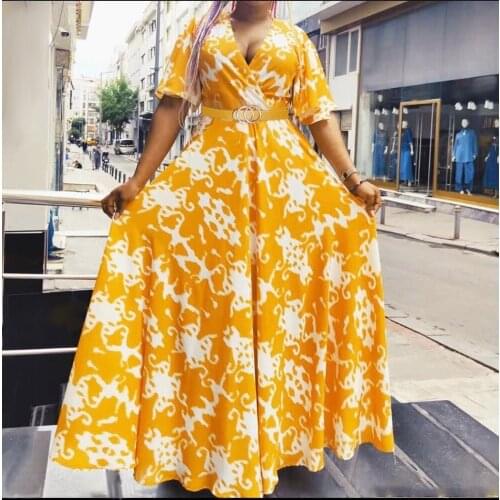 African Dresses for Women 2021 Summer Chiffon Long Dress Holiday Maxi Loose Floral Print V-neck short Sleeve Party Vestidos