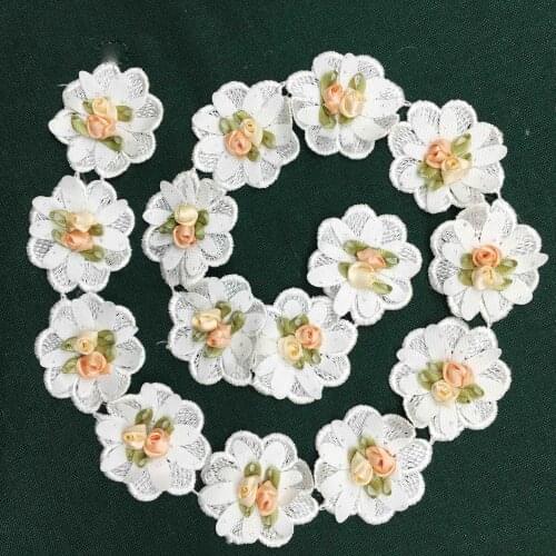 20X 5x5cm Polyester Pearl Flower Lace Trim Ribbon Fabric Embroidered Applique Sewing Craft Crochet Wedding Dress Clothes