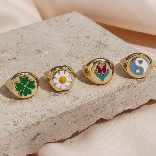 Cute Artistic 18K Gold Plated Daisy Tulip Heart Flower Yingyang Enamel Rings For Women Ladies Cute Colorful Enamel Ring
