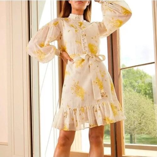 Fashion Designer Mini Dress Women 2021 Long Sleeve Flowers Printed Ruffles Patchwork High Quality Sexy Dress