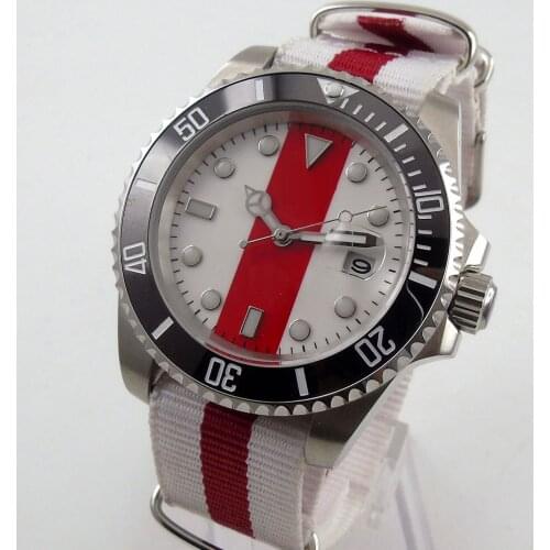40MM White Red Dial Sapphire Glass Ceramic Bezel Seeing Case Back MIYOTA 8215 Automatic Mens Wristwatch