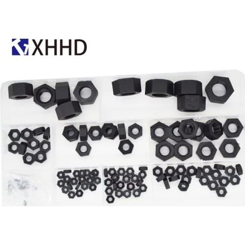 Black Nylon Hexagon Nut Assortment Kit Box Sample Box M2 M2.5 M3 M4 M5 M6 M8 M10 M12