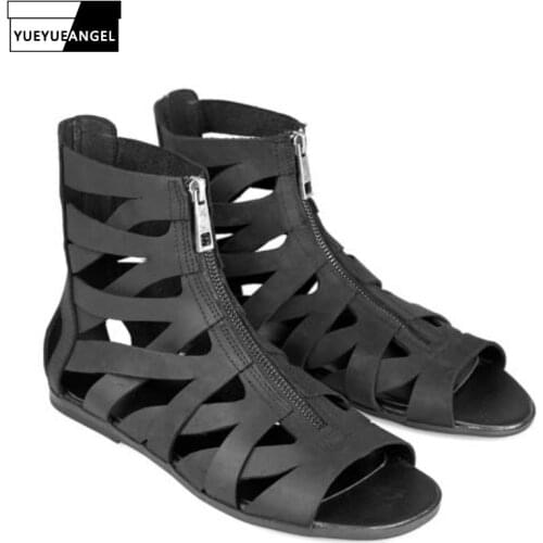 2020 New 100% Genuine Leather Black Flat Sandals Men Summer Fashion High-Top Open Toe Beach Sandals Shoes Plus Size Rome Sandals