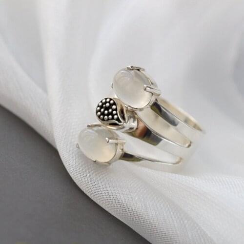 Authentic 925 Sterling Silver Ring Handmade Inlaid Natural Moonstone Retro Style Lady Rings Creative Trendy Jewelry Gift