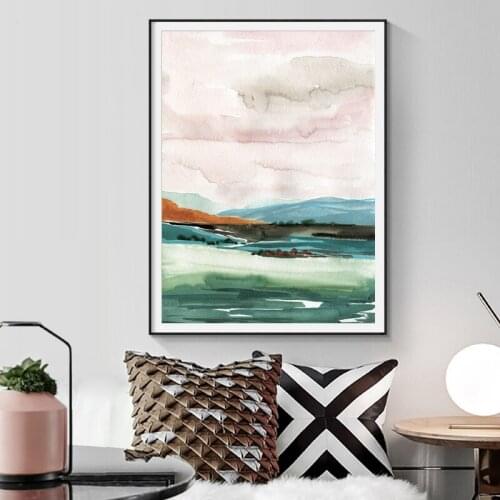 Pastel Landscape Abstract Watercolor Art Painting Canvas Prints Vintage Mountain Lake Nature Scenery Poster Wall Picture Decor