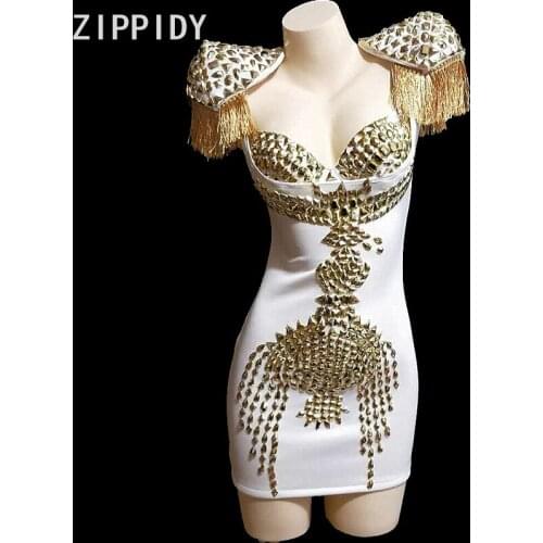 Gold Rhinestones Tassel Dress V-neck White Dress Womens Birthday Celebrate Outfit Nightclub Party Women Singer Dancer Dress