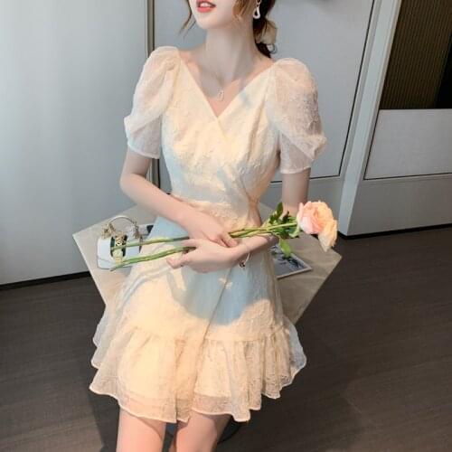 Vintage French Chiffon Mini Dress for Women Puff Sleeve Retro V-Neck Dresses Office Lady Casual Summer Elegant Dress Women 2021