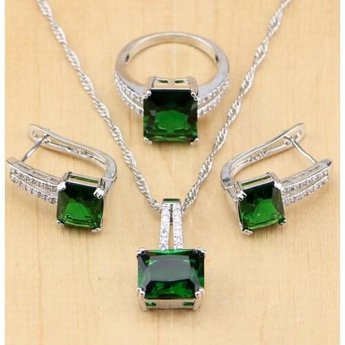 Square Green Cubic Zirconia White Zircon Beads 925 Sterling Silver Jewelry Sets For Women Wedding Earrings/Pendant/Necklace/Ring