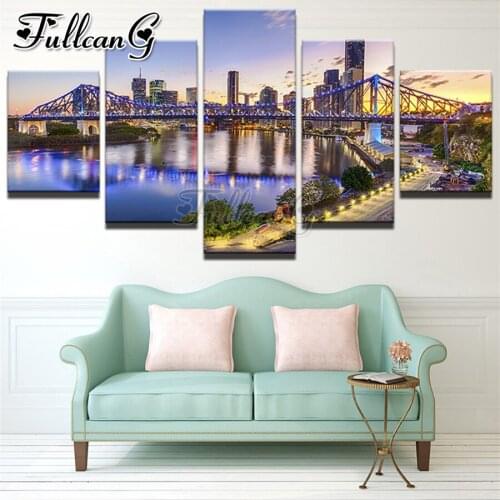 FULLCANG City landscape bridge 5 piece diy diamond painting full square round drill mosaic embroidery sale home decor FC3132