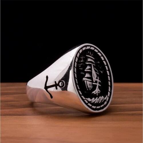 925 Sterling Silver Ring For Men Ship And Anchor Design Gift For Him Mens Rings Real Pure Silver - Turkish Jewelry