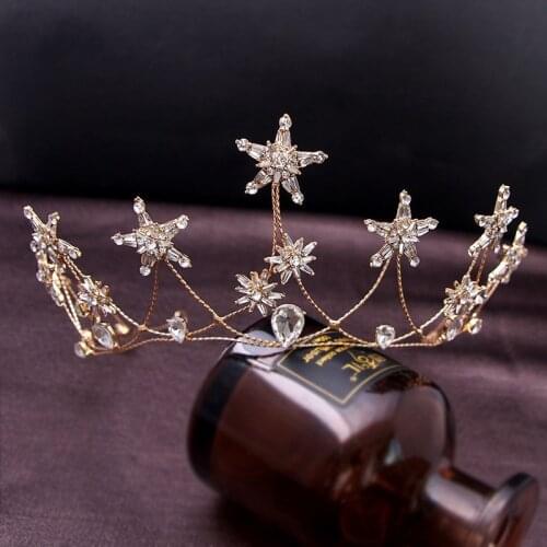 Shine Star Crystal Princess Crown Wedding Hair Tiara Gold Color Bridal Headpiece Women Prom Hairband Accessories