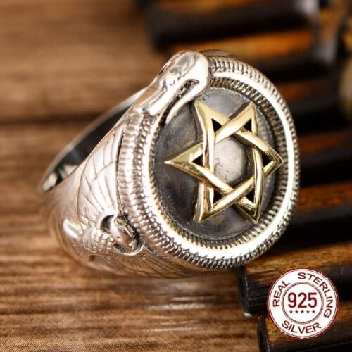 Solid 925 sterling silver jewelry six-pointed star snake ring personality Punk Thai silver ring retro fashion mans ring Gifts