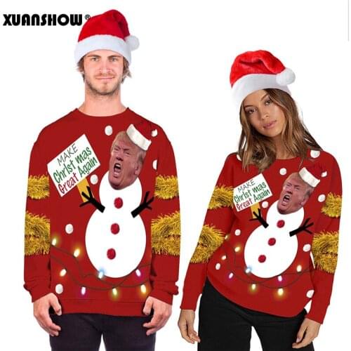 XUANSHOW 2019 Christmas Snowman 3D Digital Printing Couple Wear Sweatshirt Creative Long-sleeved Casual Autumn Winter Christmas
