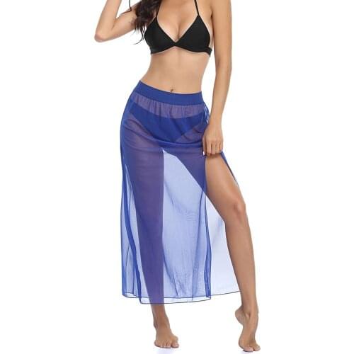Women High Split Mesh Skirts See Through Bikini Cover Ups Solid Color Ankle Length High Waist Sheer Skirt Beachwear Plus Size
