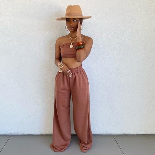 Off The Shoulder Strapless Holiday Crop Top and Loose Wide Leg Trouser for Women Summer Brown High Waist Two Piece Set Outfits