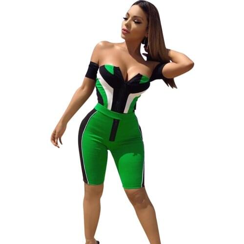 Women Summer Jumpsuit Shorts 2018 Elegant Rompers Overalls Summer Playsuit F0597 Green with Strip Ziper Off Shoulder