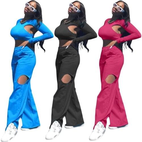 Casual Solid Tracksuit Women Sexy Hollow Out O Neck Long Sleeve Crop Top + Wide Leg Pants Slim Streetwear Two Piece Set Outfits