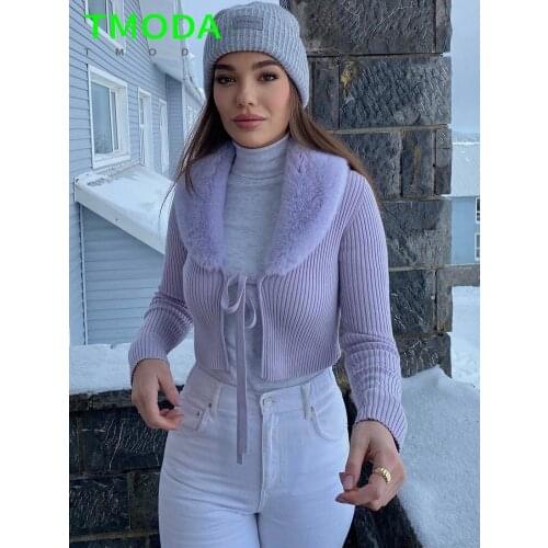 TMODA872 Za Women 2021 Patchwork Faux Fur Knitted Cardigan Sweater Vintage With Tied Long Sleeve Female Outerwear Chic Tops