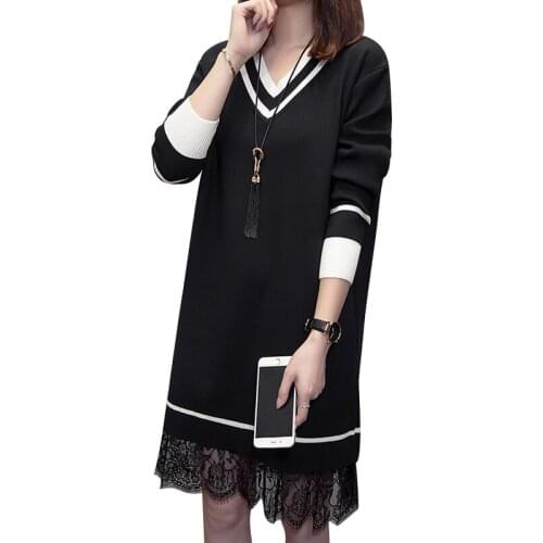 Fashion autumn winter knit dress 2019 women Plus size 4XL Lace splice elegant dresses loose long sleeve pullover sweaters G735