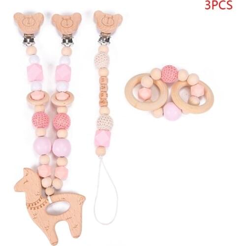 3 Pcs/Set Baby Pram Pendant Rattle Pacifier Chain Clip Bracelet Infants Shower Gifts Wooden Teether Nursing Chewing Toys