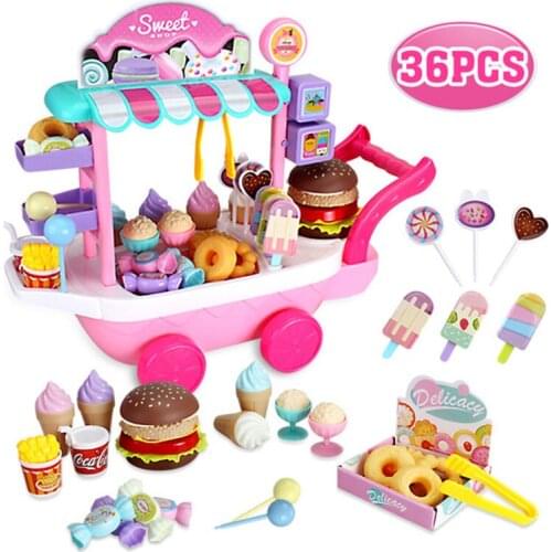 36Pcs Miniature Cart Ice Cream Dessert Lollipop Baby Kitchen Pretend Play Push Food Girl Toys For Children Furniture Gift