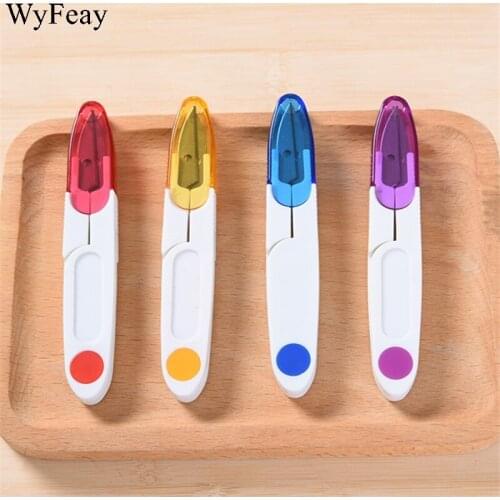 4Pcs/Lot Plastic Handle Safety Cover Sewing Scissors Thread Embroidery Cross-stitch Cutter Portable Cutter Mini U Shape Scissors