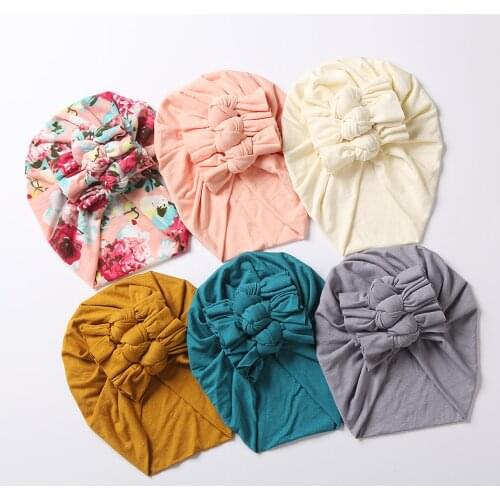 6Pcs/Lot Double Layers Thick Cotton Baby Hat Boutique Three Knots Solid Winter Cap Flower Print Beanies Inafnt Boy Girl Headwrap