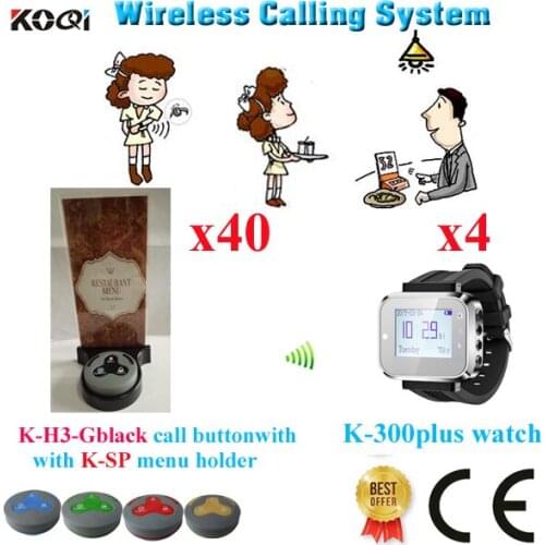 Wireless Cafe Call Bell System Factory Price Table Buzzer With Watch Receiver For Waiter Use(4 watch+40 button+40 menu holder)