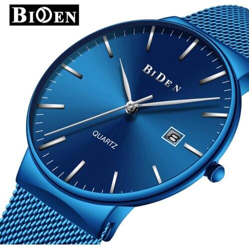 BIDEN Men Quartz Watch Stainless Steel Mesh Band Business Mens Watches For Male Wristwatch Calendar Clock Relogio Masculino