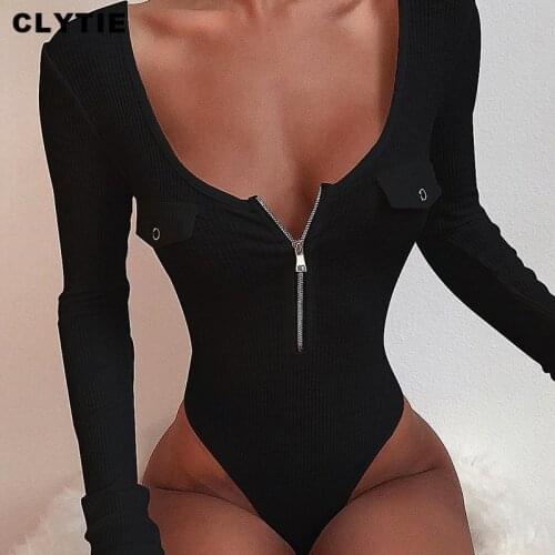 Clytie Casual New Zip Pockets Bodysuits Women Spring Skinny V Neck Solid Color Female Elastic 2021 Ladies Bodycon Bodysuits