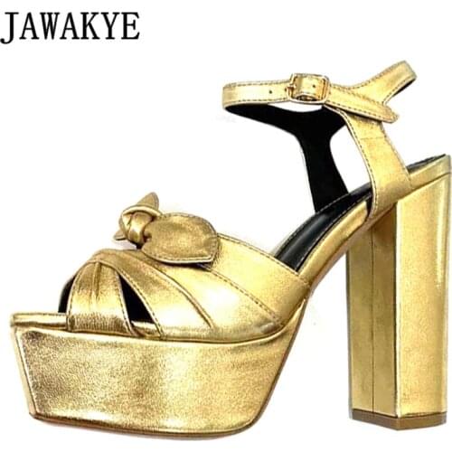Sexy BowKnot Platform Sandals for Women Peep Toe Ankle Strap Gladiator Sandals Gold Block Super High Heels Party Wedding Shoes