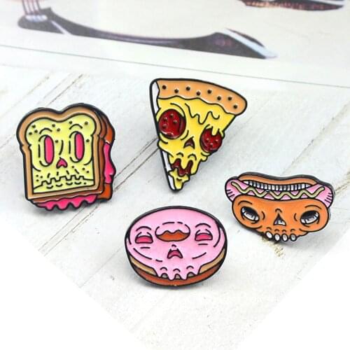 Food Meal Toast Donut Hot Dog Pizza Brooch Cartoon Skeleton Pizza Anime Funny Pin Backpack Denim Lapel Badge Personality Gifts