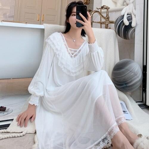 Home Wear Autumn Womens Nightgowns Lace Long Sleepwear Elegant Female Vintage Princess Night Dress Palace Style Deep V Robe