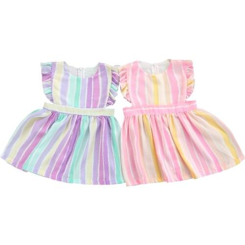 FOCUSNORM Summer Infant Baby Girls Cute Dress Colorful Striped Printed Ruffles Sleeve Knee Length A-Line Dress 0-5Y