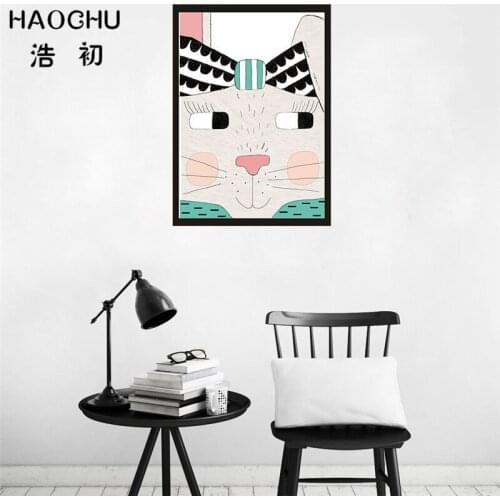 HAOCHU Lovely Cartoon Animal Laughing Rabbit Decorative Painting Abstract Minimalist Wall Poster Nordic Children Room Decor