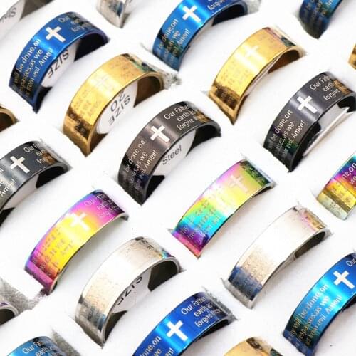 10Pcs/lot Cross Lords Prayer English Jesus Stainless Steel Jewelry Rings For Women Men Multi-color