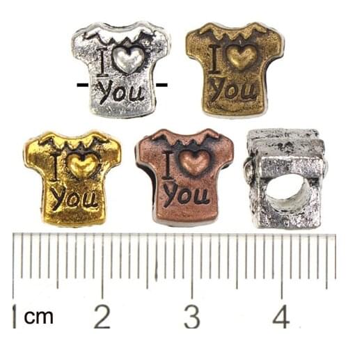 Round Big Hole Beads Charms Bracelets DIY Woman T Shirt Design I Love You Silver Metal Fashion Jewelry Accessory 10*11*9mm 20pcs