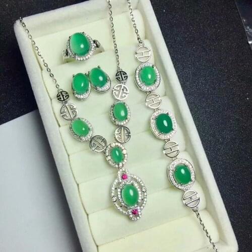 925 sterling silver inlaid with a natural green medley suit ring bracelet necklace chain ear nail set wedding wedding gift