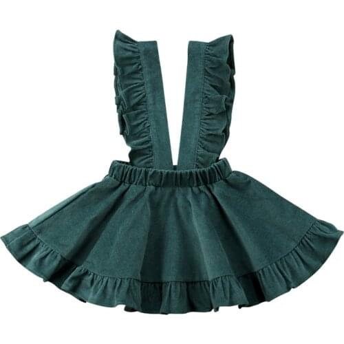 New Kid Girl Corduroy Green Strap Skirts Ruffles Suspender Sleeveless Solid Skirt Sundress Summer Fall Clothes